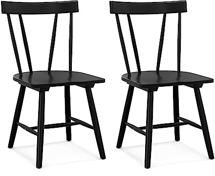 COSTWAY Dining Chairs Set of 2, Rubber Wood Kitchen Chairs with Spindle Back and Wide Seats, Windsor Side Leisure Seat for Living Room Restaurant Cafe (Black)