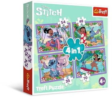 Trefl-Lilo & Stitch, Folle JournéeLilo & Stitch-Puzzle 4 en 1, de 35 à 70 Pièces, Puzzles Colorés avec des Personnages de Bande Dessinée, Loisir pour Enfants à partir de 4 Ans