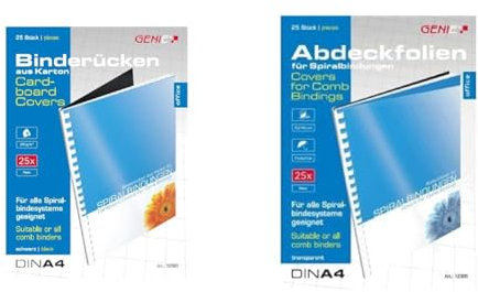 GENIE 12383 Karton-Rücken (DIN A4; 230 g/qm; geeignet für alle Bindegeräte) 25 Stück schwarz & 12385 Deckblätter (DIN A4; glasklar; 150 Micron; geeignet für alle Bindegeräte) 25 Stück transparent