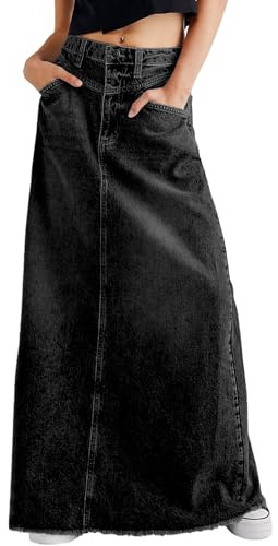 CHARTOU Women Vintage Denim Maxi Skirt Frayed Raw Hem High Waist A-Line Long Jean Skirt, Black, XXL