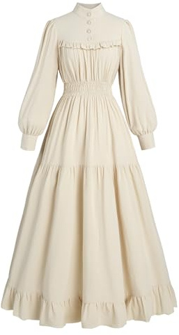 Fiamll Robe Victorienne Renaissance Robe Maxi Robe de Bal Manches Longues Vêtement Médiéval Femme Vintage Robe Édouardienne Robe de Soirée Robe Élégante Robes de Loisirs, beige, XXL