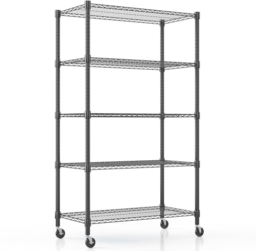 Himimi Estante de Almacenamiento de pie de 5 Niveles con Ruedas, Altura Ajustable, estantería Resistente con Gancho para baño, Cocina, Garaje, Dormitorio, 45 x 90 x 183 cm, Color Negro