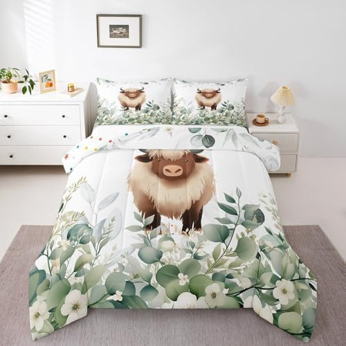 Erosebridal Cartoon Cow Twin Comforter Set Toddler Farm Animal Bedding Set Twin, Plant Bedding Comforter Sets Eucalyptus Leaf Duvet Set, Farmhouse Wildlife Theme Quilted Comforter Kids Room Decor
