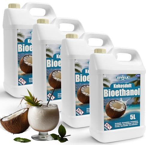 Bioetanol 96,6% 20L | Bio Alcohol Coco Aroma 96,6% 4x5L | Bioetanol para chimenea, chimenea de mesa, chimenea de bioetanol | Bioetanol Coco Aroma| Combustión limpia, sin humo, llama viva