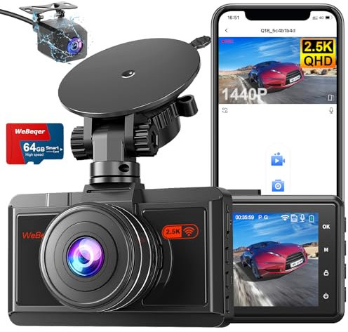 WeBeqer Dashcam Auto Vorne Hinten 2.5K+1080P, Dashcam Auto Camera mit WiFi App 64G SD Karte, Dash Cam Auto Nachtsicht, WDR, 170°+140°Weitwinkel, Parküberwachung, G-Sensor, Loop-Aufnahme