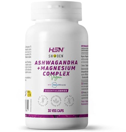 HSN Ashwagandha Shoden® + Magnesio Albion™ Minerals | 120 Cápsulas Vegetales | Complejo Extracto de Ashwagandha + Magnesio Quelado + L-Teanina Natural | Antes de Dormir | No-GMO, Vegano, Sin Gluten
