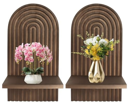 BlyeMichdi Wandregal Holz Boho Wanddeko, 2 Stück Regenbogen Moderne Boho Wandregal Holz Wand Deko, Klein Pflanzregal, Deko Aesthetic Holzregal für Wohnzimmer Schlafzimmer Kinderzimmer (Braun)