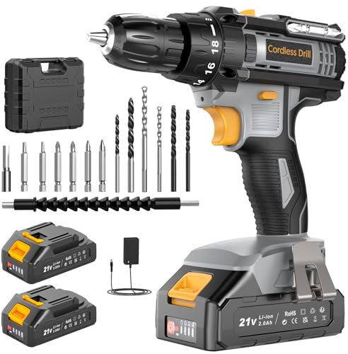 Bamse Cordless Drill 21V, Electric Drill with 2 Batteries 2.0Ah, Combi Set 42N.m Torque, 18+1 Torque, 2 Speeds, 14PCS Drill Set, LED Light for Garden DIY,Grey