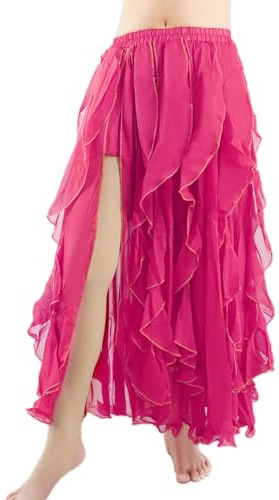 Baisdan Gonna da Donna in Chiffon per Danza del Ventre, Gonna Lunga con Spacco per Costume da Spettacolo, Rosso Rosato, Taglia Unica
