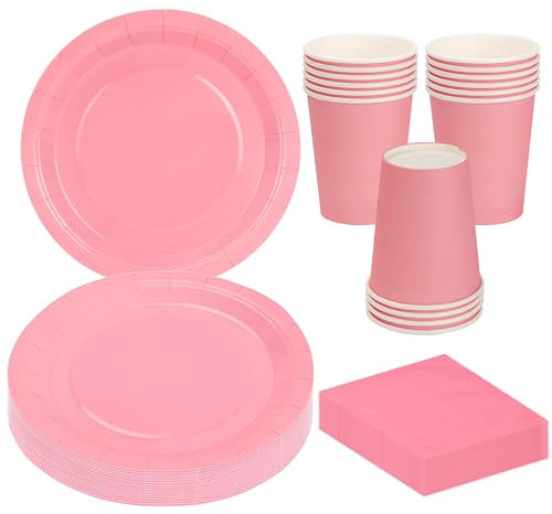 MestectPET Vaisselle de Fête Rose 56 Pièces, Assiettes Gobelets et Serviettes en Papier pour 16 Invités, Ensemble de Vaisselle pour Anniversaire Mariage Baby Shower Barbecue Pique Niques