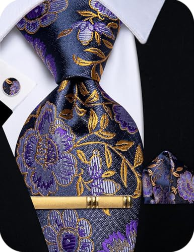 YourTies Cravates en soie pour hommes à carreaux paisley floral avec pochette de costume boutons de manchette pince à cravate ensemble mariage fête professionnel formel, taille unique