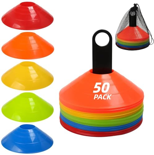 VirtuGro 50Pcs Football Cones Disc Cones Sport Cone Marker Cones Discs Set with Carry Bag and Cone Holder for Soccer, Football, Agility Training,Basketball, Sports, Games, Field Cone Markers