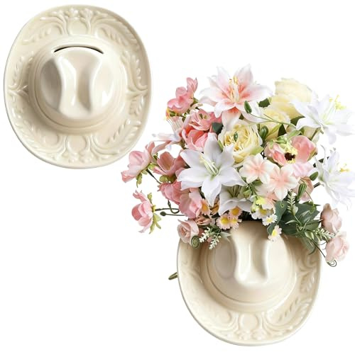 Ninehaoou Ceramic Cowgirl Hat Vase Western Themed Hat Hanging Wall Indoor Planter Vase Flower Pot Cowboy Decoration Cowboy Party Table Centerpiece for Bathroom Living Room Office and Home Decor(Cream)