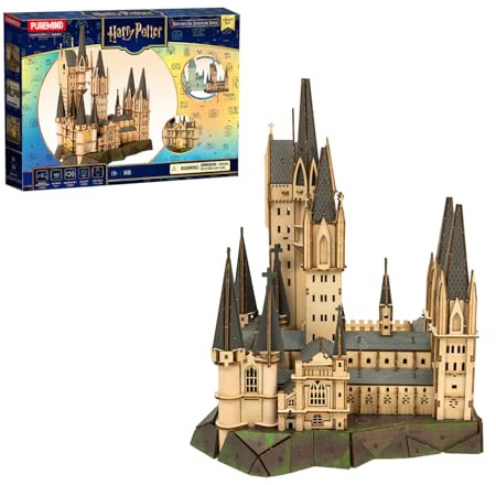 PUREMIND Harry Potter Tour d’Astronomie de Poudlard, Puzzle 3D Bois Kit DIY | Sous licence officielle, cadeau Harry Potter, tour lumineuse, musique, kit DIY, modèle de collection, étagère, vitrines, déco