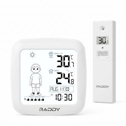 Raddy Milo väderstation för barn med IPX4-sensor och klädråd | Interaktiv väderstation för barn med 6 klädråd, tumme upp-knapp, väderprognos och inom-/utomhustemperatur