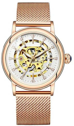 RORIOS Montre mécanique Automatique pour Femme avec Cadran Squelette et Bracelet en Acier Inoxydable, Or Rose B., Bracelet