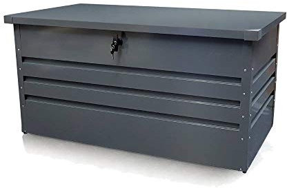 TERRE JARDIN Abri de Jardin 300L, Coffre de Rangement Metallique, Vérin à gaz, Verrouillable, Coffre Extérieur - 100 x 61 x 62 - Gris