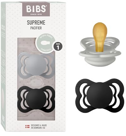 BIBS Supreme Soother 2-Pack, BPA Free Dummy Pacifier, Symmetrical Nipple. Natural Rubber Latex, Size 1 (0-6 Months), Cloud/Black