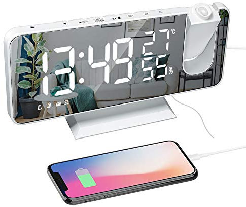 ThreeH Projection Alarm Clock with USB Charger 180° Rotable Projector Alarm Clock with FM Radio 7.4'' Mirror Display 2 Sounds 4 Dimmer White