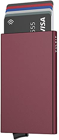 VULKIT Tarjetero Hombre o Mujer Pequeño Tarjeteros Metalico RFID Bloqueo Porta Tarjetas Slim Porta Cartoes Homem Pop Up Funda Tarjeta Credito para 5 Tarjetas, Vino