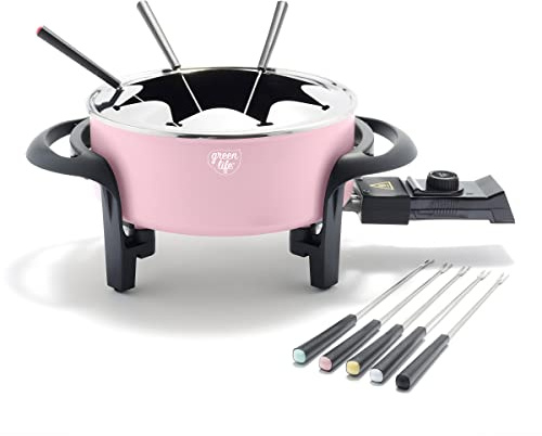 GreenLife 14 Cup Electric Fondue Maker Pot Set For Cheese, Chocolate, and Meat, 8 Color Coded Forks, Healthy Ceramic Nonstick, Adjustable Temperature Control, PFAS-Free, Pink