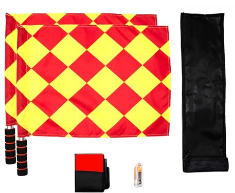 Soccer Referee Flag,Checkered Linesman Flags Set with Case，Metal Pole Foam Handle water Proof，Red Yellow Cards with Notebook and Pencil,Coach Stainless Steel Whistles with Lanyard 2Pcs (Style 1)