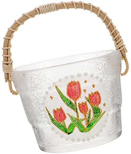 Cabilock Cubo De Frutas De Vidrio Pintado a Mano. Caja De Bocadillos De Dulces Cubo De Flores Galvanizado Enfriador De Vino Cubo De Hielo De Cerveza Bebida Holder Fruta Seca Plato De Madera