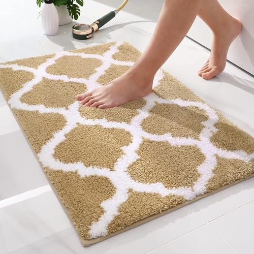 Homaxy rutschfest Badematte Badezimmerteppich Waschbar Hochflor Badteppich Flauschige Mikrofaser Badvorleger- 50 x 76 cm, Beige