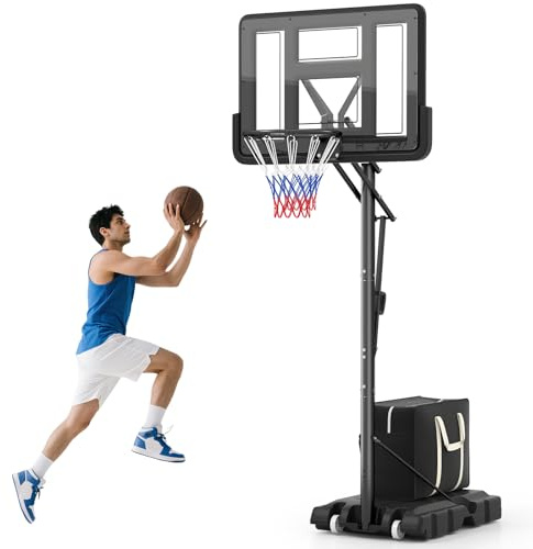 GYMAX Panier Basket Extérieur pour Adultes Adolescents, Hauteur Réglable 143-305 cm, Mobile avec Roues, Base Stable Remplissable avec Sac de Poids