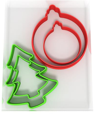 Just Cutters Christmas Cookie Cutters Bauble Tree | Set of 4 Plastic Cutters for Baking, Fondant, Clay, Pastry, Icing, Jewellery (5CM + 8CM)
