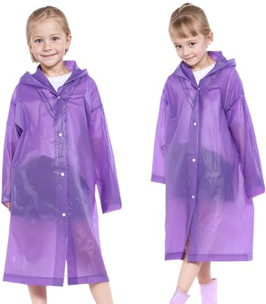 Dioshark Waterproof Poncho Girls Boys Reusable Rain Jacket with Hood and Long Sleeves 2 PCS EVA Portable Lightweight Unisex Kids Rainwear Rainsuit Child Cape for School Camping, Purple