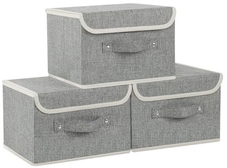 ENUMAIL Storage Boxes, Cube Organizers with Flip-Top Lid and Handles, Fabric Bins for Organizing Home, Office and Closet, Grey, 3 Pack, 26x20x17cm