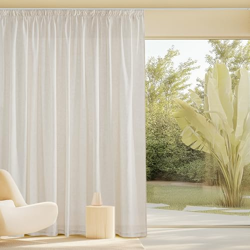 PONY DANCE Cortinas Salon de Lino 300x245cm(AnchoxAlto) Cortinas y Visillos Translucidas 3 Metros para Dormitorio/Comedor con Ganchos de Riel, 1 Pieza, Crema