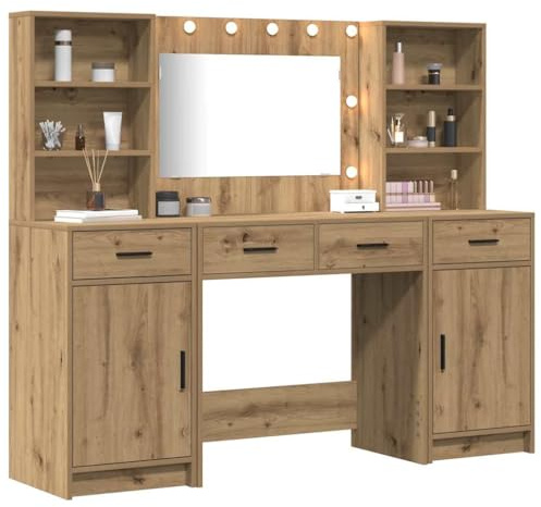 vidaXL Dressing Table Set 3 pcs Artisan Oak Engineered Wood | Multiple drawers and shelves included, Built-in lights for better visibility, Modern look fits any decor