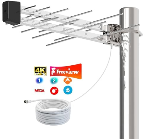 Antena TV Exterior Largo Alcance 2026, Recepción TDT 4K 1080P UHF VHF Estable, Resistente a la Intemperie, Instalación Sencilla en Ático o Exterior, Sin Mástil, Cable Coaxial 10 m Incluido