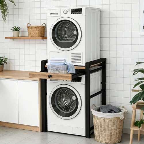 Ogimeka Estantería para Lavadora, Mueble Lavadora Secadora, Armario de Lavadora con Bandeja Deslizante, para Baño y Balcón, Capacidad de Carga 350 kg, 75 x 65 x 104 cm (Negro B)