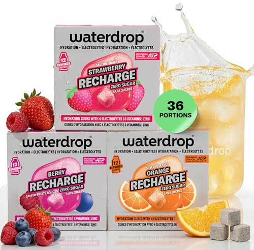 waterdrop® Microlyte Mix – Électrolytes sans sucre pour hydratation sport – 36 cubes de boisson avec magnésium, calcium, zinc et sodium – Arômes Orange, Fraise & Baie