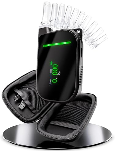 Alcora T1 - Alcoholímetro de alta calidad con 10 boquillas y carcasa rígida, medidor compacto en diseño de llavero, alcoholímetro electroquímico con batería USB-C (más de 400 pruebas), probador de