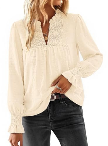 Fashora Women Tops Long Sleeve V Neck Blouses, Autumn | Sweet, Pleated Puffle Ruffled Sleeve, Loose Fit, Elegant, Ladies Shirts, Spring, Summer, Autumn