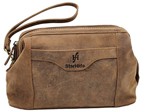 STARHIDE Unisexe Fait À La Main Fermeture À Glissière Supérieure Cadre en Cuir Véritable Chasse Affligé Brun Lavage Articles de Toilette Barbe Cosmétiques Sac - 550