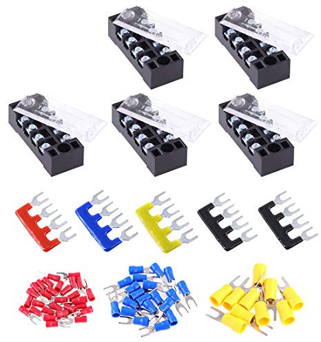 Glarks - Set di 70 morsettiere, 5 pezzi, 4 posizioni, 600 V, 15 A, doppia fila di morsetti a vite + 5 strisce di barriera preisolate + 60 connettori isolati per forcella (4P+connettore forcella)