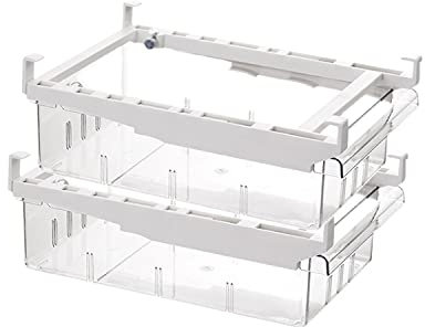HUAYT Fridge Organizer,Fridge Drawer Storage Bins with Adjustable Slide Rail,Unique Freezer Shelf Holder Container Box with 2 Partition Plates (2 PACK)