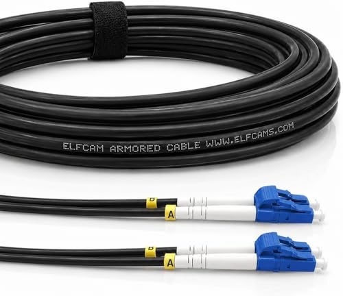 Elfcam® - Cavo Fibra Ottica con Armatura in Acciaio Corrugato LC/UPC per LC/UPC OS2 Duplex Monomodale 9/125um LSZH, Adatto per Installazioni Esterne e Interne, Nero, 30M