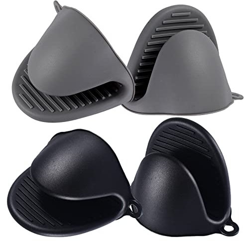 Acronde 2 Paar Mini-Ofenhandschuhe aus Silikon, hitzebeständig, zum Kochen und Backen (Schwarz und Grau)