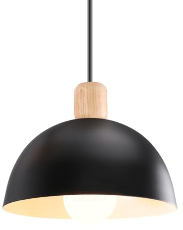 iDEGU Lámpara de Techo Moderna, 20CM LED Lámpara Colgante en Hierro y Madera Estilo Escandinavo Iluminación E27 Retro Luz de Techo Interior para Dormitorio Comedor Sala de Estar (1 Pieza, Negro)