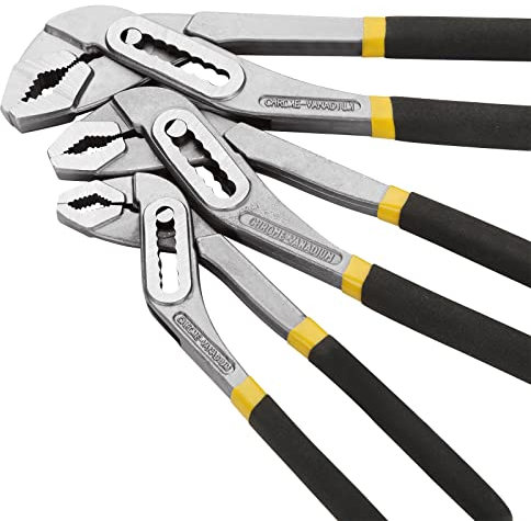 YAYODS 3 alicates de bomba de agua, alicates de junta deslizante de 8 pulgadas, 10 y 12 pulgadas, alicates de lengüeta y ranura negros, llave de agarre de tubería ajustable con mango antideslizante