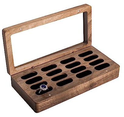 Wislist Luxury Solid Walnut Wood Ring Box with Glass Window - Ring case Jewelry Tray Jewelry Organizer for Rings, Studs & Earrings - Ideal for Store Display, Jewelry Showcases, Home Use & Gift Ideas
