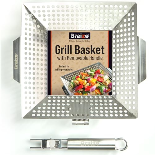 Heavy-Duty Stainless Steel Grill Basket – 12 x 13.75 Large BBQ Basket with Removable Handle – Durable Grilling Basket for Vegetables & Meat – Outdoor Cooking Accessory for Gas & Charcoal Grills