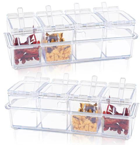 SHAIDOJIO 8 Piece Spice Jars, Clear Seasoning Jars with Lids and Spoon, Plastic Spice Containers Storage, Seasoning Box Spice Pots for Spice Sugar Salt Pepper Herb Tea Coffee Kitchen Home Hotel Cafe