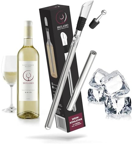 Brilamo Nevera para vino, enfriador de vino de acero inoxidable, juego de 5 piezas, incluye 2 varillas con bolsa de terciopelo, vertedor de decantador y cierre, fácil de enfriar el vino